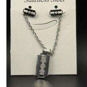 Razor Blade Pendant Necklace and Earring Set Stainless Steel Punk Goth